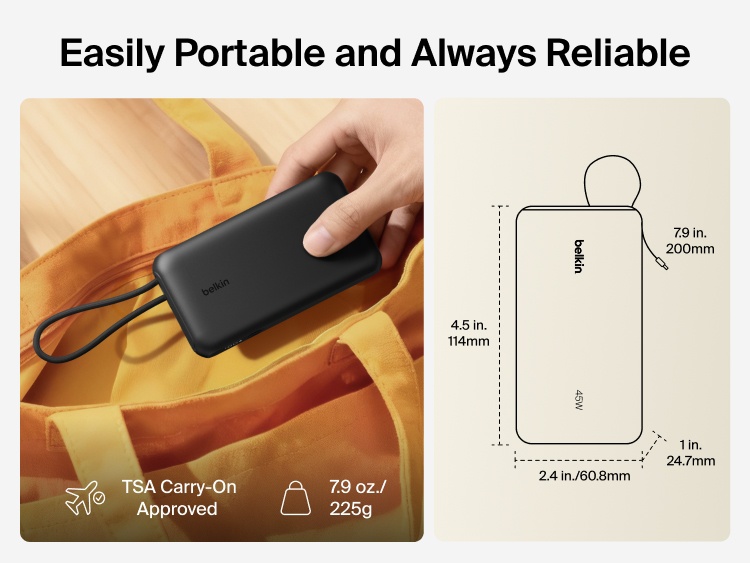 Belkin UltraCharge 10K power bank with integrated USB-C cable and digital display shown as a lightweight, TSA carry-on approved portable charger for everyday travel