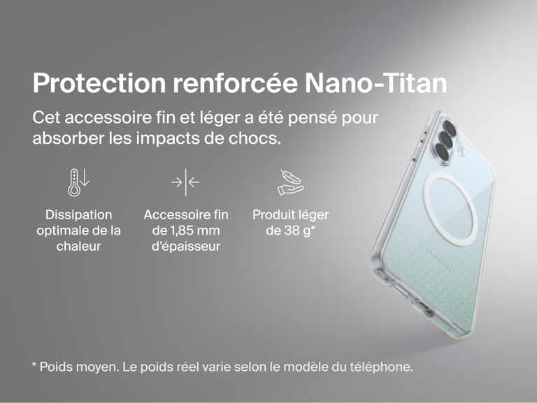 Belkin SheerForce Clear Series Case for Samsung Galaxy S26 shown in close-up, highlighting reinforced Nano-Titan protection with shock absorption, heat dissipation, ultra-slim 1.85 mm profile, and lightweight protective design.