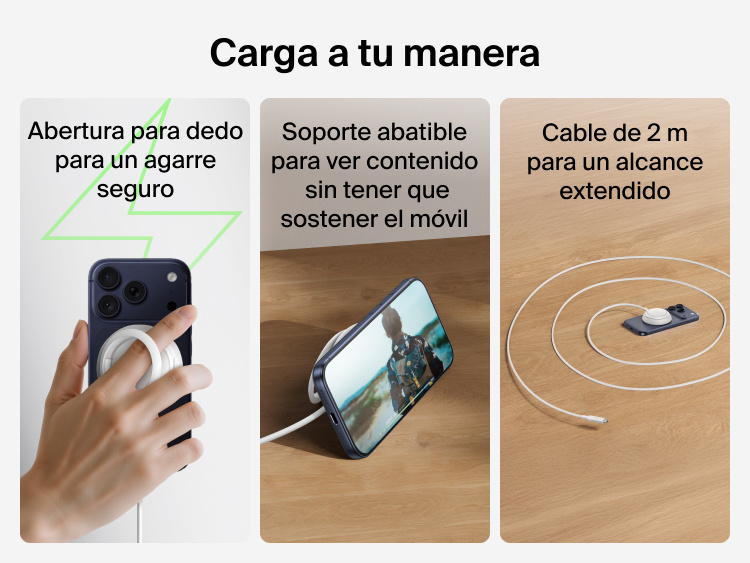 Se muestra las distintas funciones adicionales del cargador magn&eacute;tico con Qi2 de 25 W Belkin UltraCharge, como el soporte vertical con abertura de sujeci&oacute;n de dedo o el cable de 2 incluido, que permiten cargar y usar el m&oacute;vil sin tener que sostenerlo.