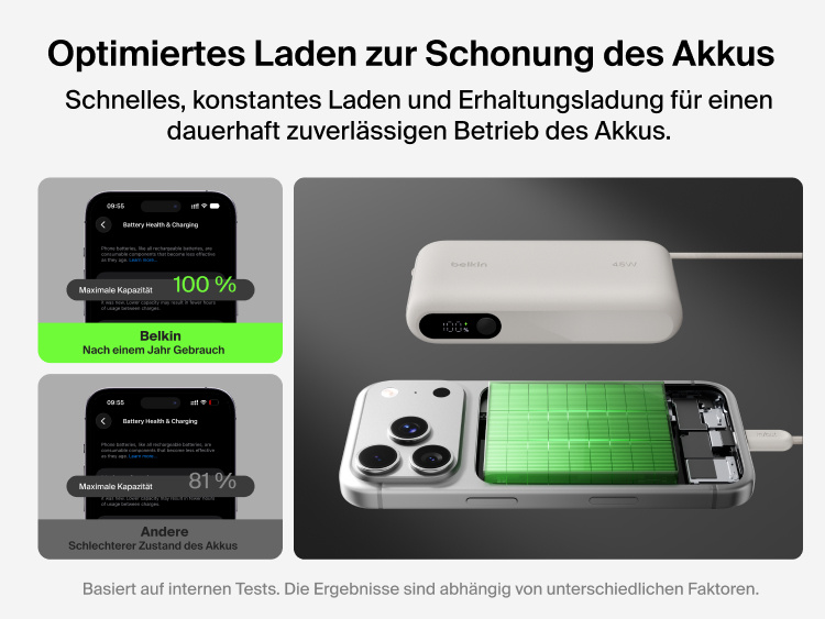 Belkin UltraCharge 10K power bank with integrated USB-C cable and digital display featuring optimized fast and stable charging to support long-term battery health