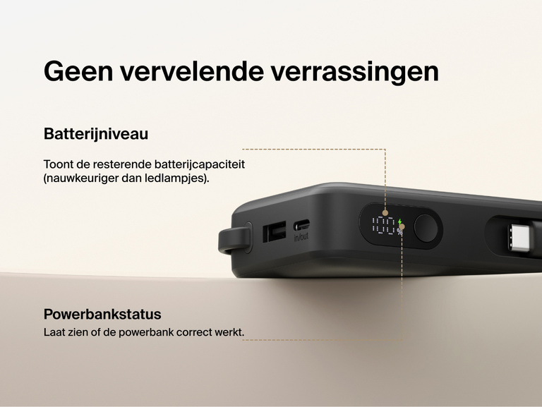 Belkin UltraCharge 10K power bank with integrated USB-C cable and digital display showing real-time battery percentage and charging status