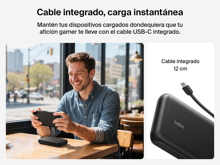 La batería externa 20K (30 W) de Belkin Gaming para Nintendo Switch 2 incluye un cable USB-C de 12 cm para cargar tu consola rápidamente dondequiera que te encuentres. 