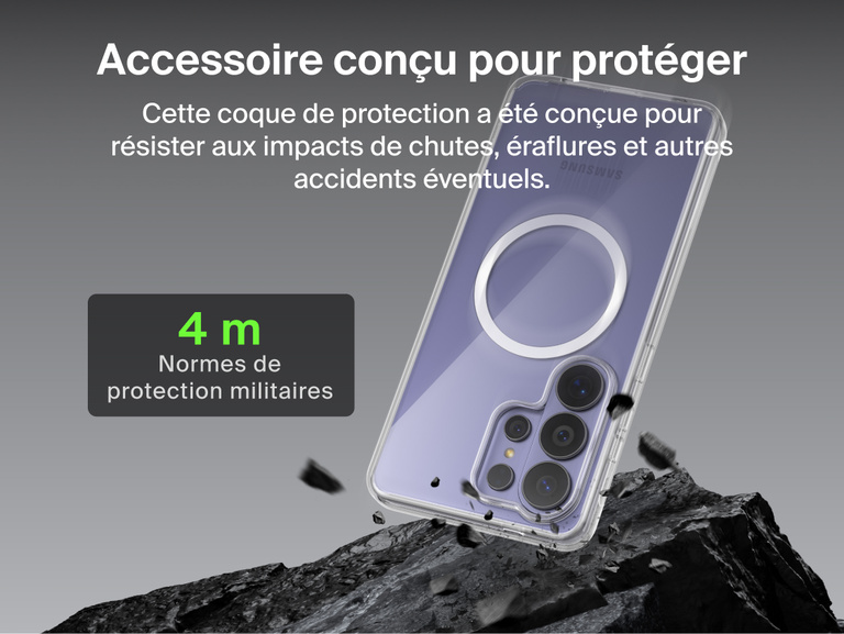 Belkin SheerForce Clear Series Case for Samsung Galaxy S26 shown protecting a phone during impact, highlighting slim design with 13 ft / 4 m military-grade drop protection and built-in Qi2 wireless charging support.