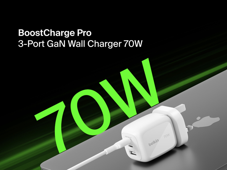 BoostCharge Pro 3-Port GaN Wall Charger 70W displayed on a MacBook with bold green “70W” text, highlighting its fast charging power and compact design.
