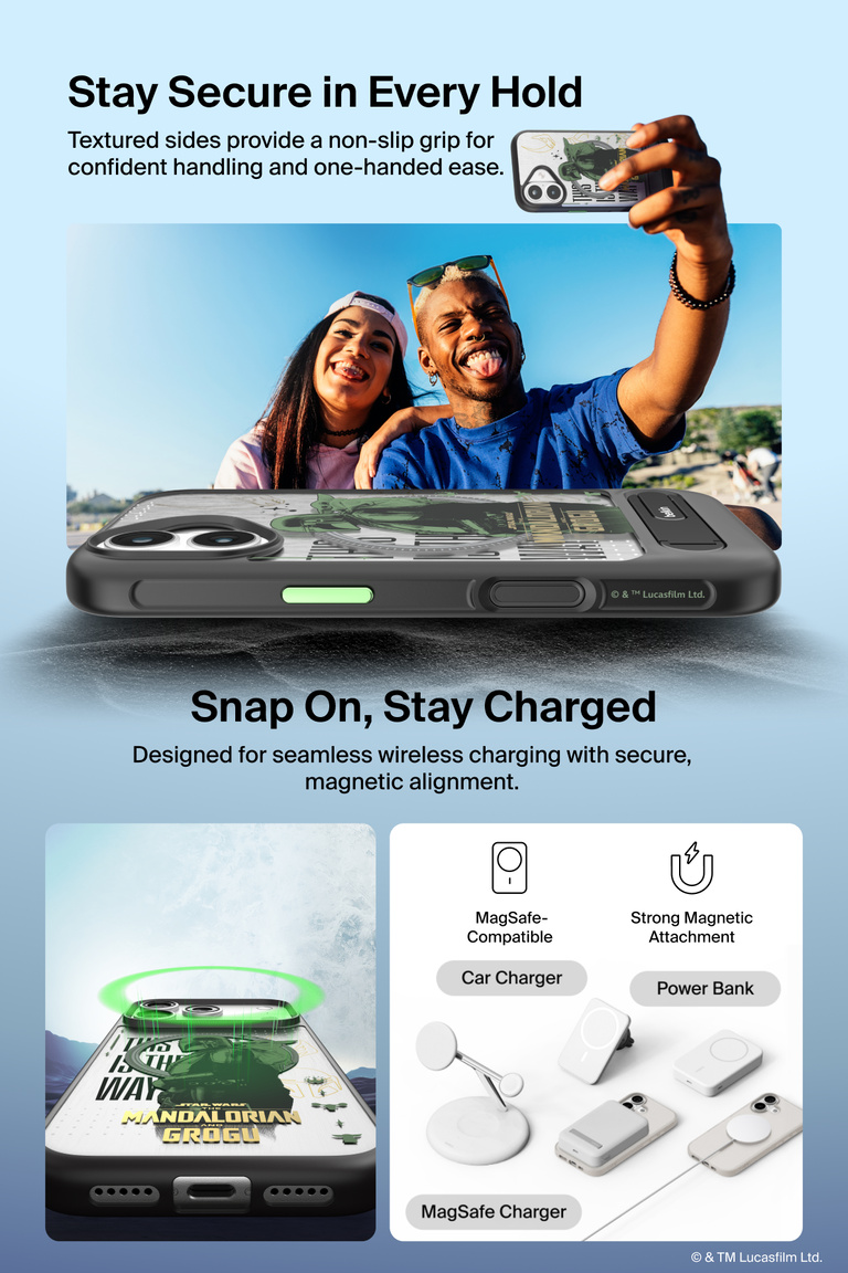 Belkin SheerForce Grip Series Case for iPhone 17 Pro with Star Wars The Mandalorian and Grogu design, textured non-slip grip, MagSafe compatibility, and secure magnetic alignment.