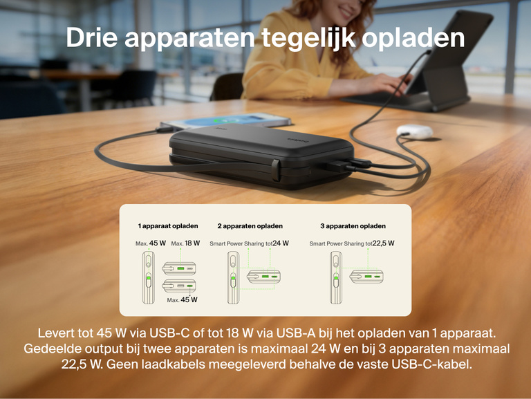 Belkin UltraCharge 20K 45W power bank with integrated USB-C cable charging multiple devices simultaneously with smart power sharing and multi-port connectivity