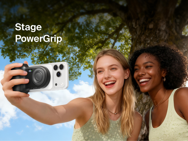 Belkin Stage PowerGrip portable wireless charger in black, white, and blue variants displayed against a light gradient background, each showing a digital battery indicator.