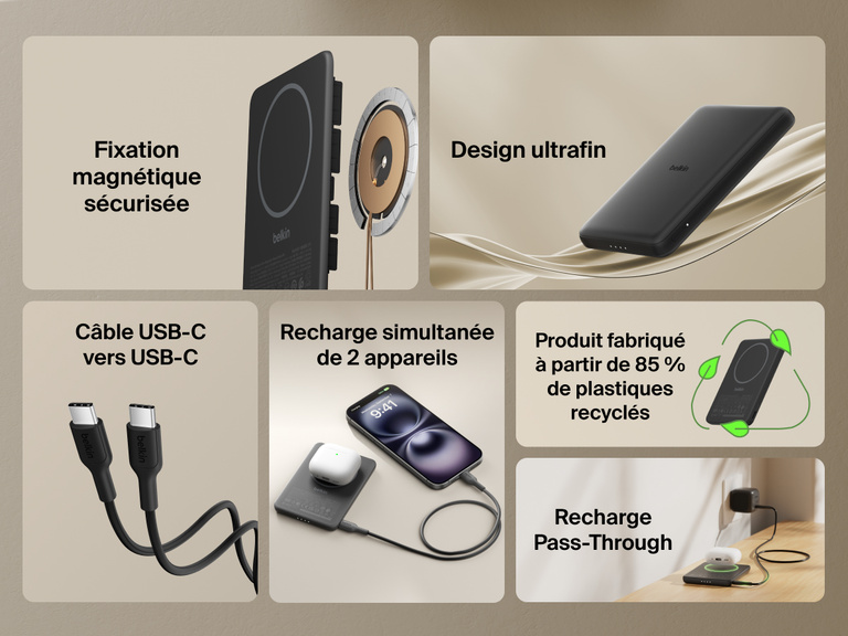 Belkin BoostCharge Slim Magnetic Power Bank 5K shown highlighting key features including secure magnetic ring, ultra-slim design, USB-C to USB-C cable, dual device charging, recycled materials, and pass-through charging capability.