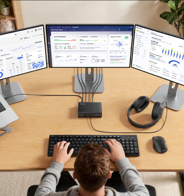 Overhead view of a professional workstation featuring the Belkin Universal 16-Port Triple Display USB-C Dock connected to three monitors, a keyboard, mouse, and headset for enhanced multitasking and productivity.