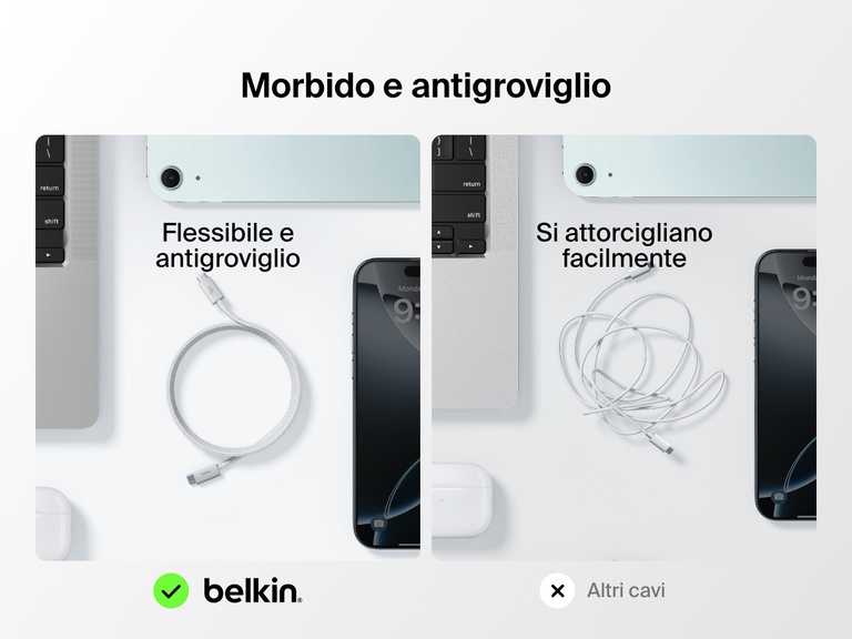Confronto affiancato che mostra la flessibilità e la resistenza ai grovigli del cavo USB-C con connettore Lightning Belkin BoostCharge, che supera grandemente le prestazioni dei cavi standard che si attorcigliano facilmente.