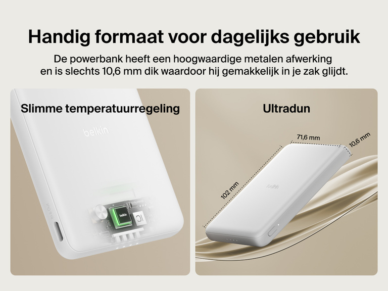Belkin BoostCharge Slim Magnetic Power Bank 5K shown with smart thermal control and ultra-slim 0.5-inch profile designed for portable, pocket-friendly charging.