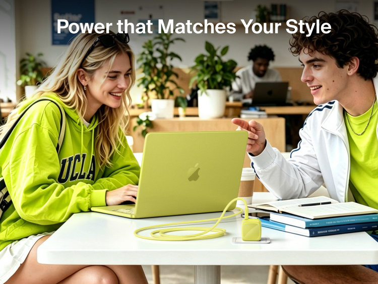 Two students using a MacBook Neo with the Belkin BoostCharge Compact USB-C Charger 30W and braided USB-C cable at a table.