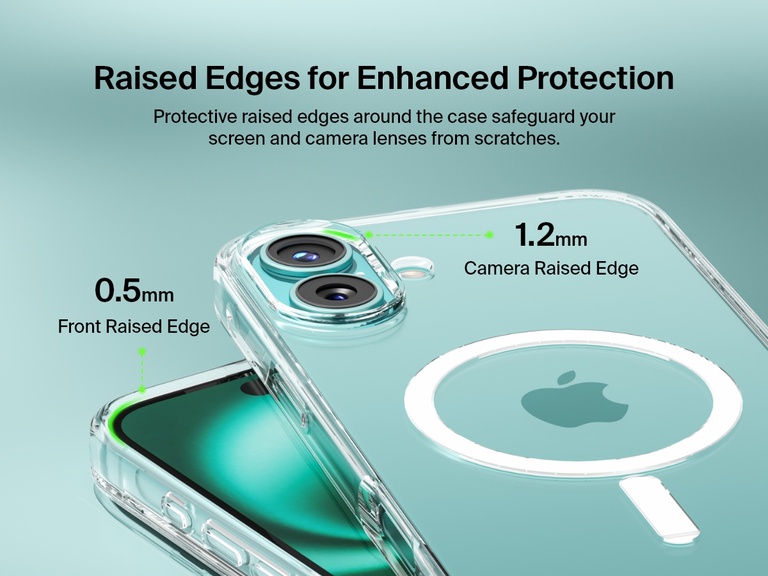 A close-up view of the SheerForce™ Magnetic iPhone Case, highlighting its raised edges for enhanced protection. The image showcases a 1.2mm camera raised edge and a 0.5mm front raised edge, designed to safeguard the screen and camera lenses from scratches and impacts. The transparent case maintains a sleek look while providing reliable protection.