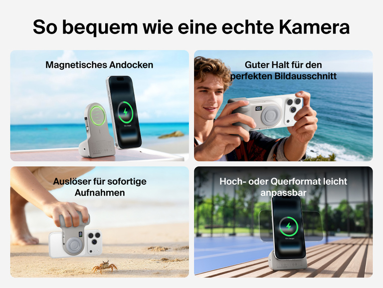 Belkin Stage PowerGrip shown in various scenes demonstrating magnetic snap-on attachment, stable camera-like grip, one-touch shutter, and easy portrait or landscape phone positioning.