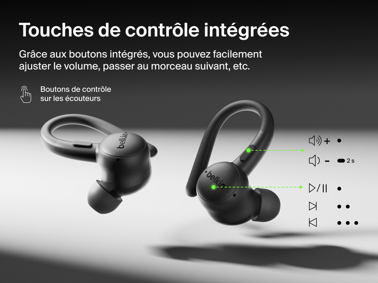 Belkin SoundForm ActiveFit Wireless Earbuds with secure ear hooks and built-in on-ear button controls for volume, track skipping, and playback.