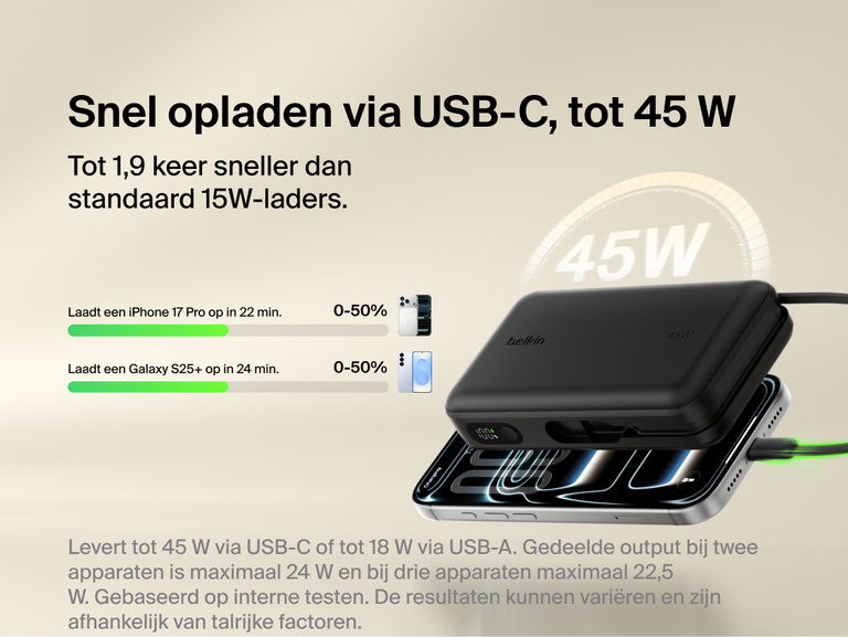 Belkin UltraCharge 20K 45W power bank with integrated USB-C cable delivering fast charging performance with digital display and multi-device compatibility