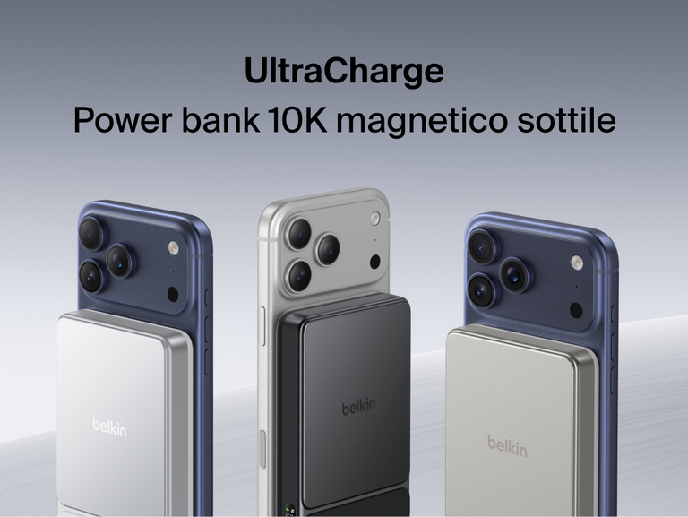 Belkin UltraCharge Slim Magnetic Power Bank 10K attached to smartphones showcasing compact magnetic wireless charging and portable battery design