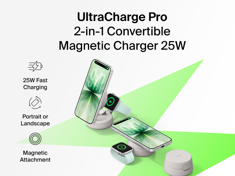 Belkin UltraCharge Pro 2-in-1 Convertible Magnetic Charger with Qi2 25W delivers fast wireless charging for a smartphone and smartwatch with secure magnetic attachment and portrait or landscape viewing.