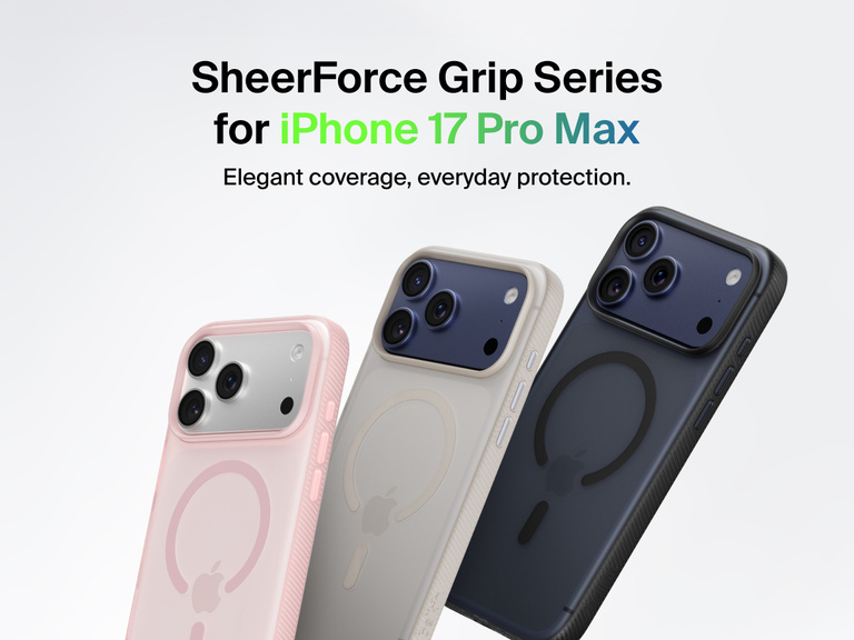 Belkin SheerForce Grip Series protective case for iPhone 17 shown in pink, clear, and black with slim design and MagSafe compatibility.