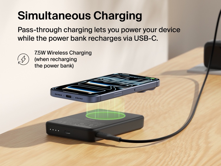 Belkin BoostCharge Slim Magnetic Power Bank 10K demonstrating pass-through charging with a smartphone wirelessly charging at 7.5W while the power bank recharges via USB-C