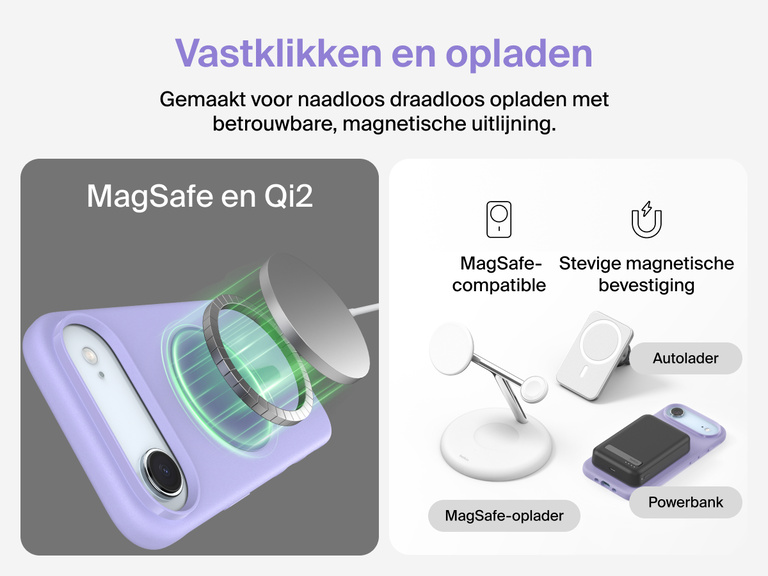 Belkin ScreenForce Protect-hoesje voor de iPhone 17, met opstaande randen ter bescherming van het scherm en de camera en dat gemaakt is ter ondersteuning van naadloos magnetisch draadloos opladen.