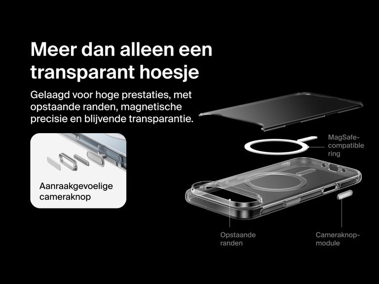 Belkin SheerForce Clear Series Case for iPhone 17 with raised edges, MagSafe-compatible ring, touch-sensitive camera button, and layered clear protection design.