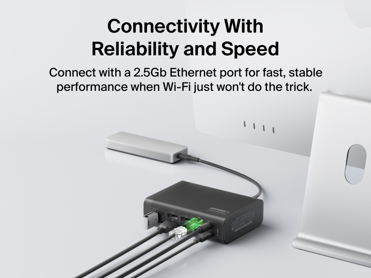 USB-C docking station connected to multiple devices, highlighting a 2.5Gb Ethernet port for fast, reliable wired network connectivity.
