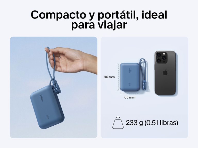Se muestra la batería externa 10K con pantalla BoostCharge de Belkin en una mano y junto a un smartphone para hacer hincapié en su diseño compacto y portátil, ideal para viajar. (dimersiones: 3,78 x 2,56 pulgadas y 233 gramos de peso).