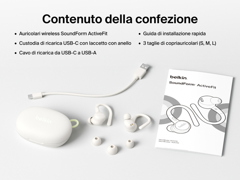 Belkin SoundForm ActiveFit Wireless Earbuds with USB-C charging case, USB-C to USB-A cable, quick start guide, and three ear tip sizes included in the box.