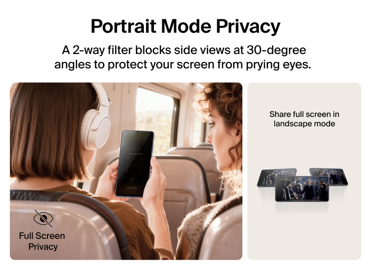 Belkin ScreenForce Titan EcoGuard Privacy Filter Screen Protector for Samsung Galaxy S26 shown providing portrait mode privacy with a 2-way filter that blocks side views at 30-degree angles while allowing full-screen sharing in landscape mode.