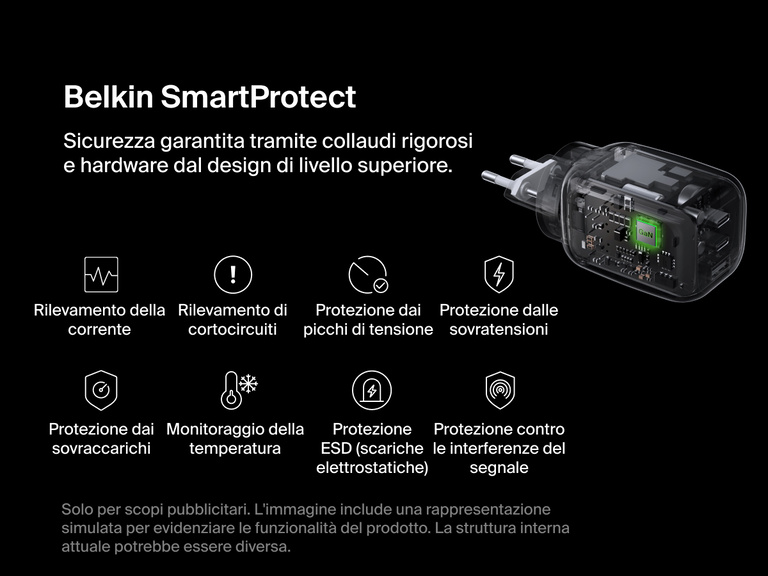 BoostCharge Pro 3-Port GaN Wall Charger 100W shown with simulated internal view, highlighting Belkin SmartProtect features like surge, over-voltage, and short-circuit protection for safe charging.