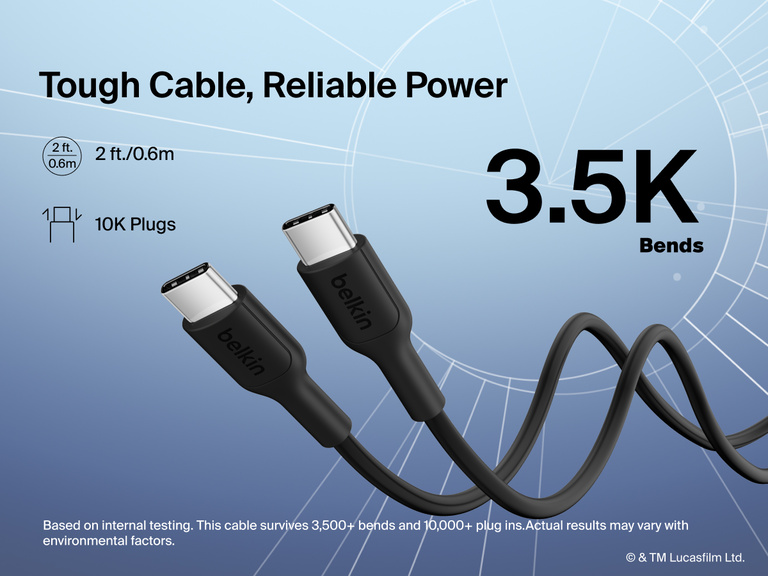 Belkin BoostCharge Slim Magnetic Power Bank 5K shown with durable USB-C to USB-C cable designed for 3,500+ bends and reliable long-lasting charging performance.