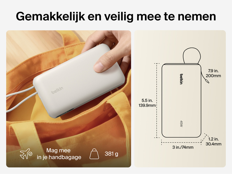 Belkin UltraCharge 20K 45W power bank with integrated cable designed for portable, TSA-approved travel with compact size and reliable on-the-go charging
