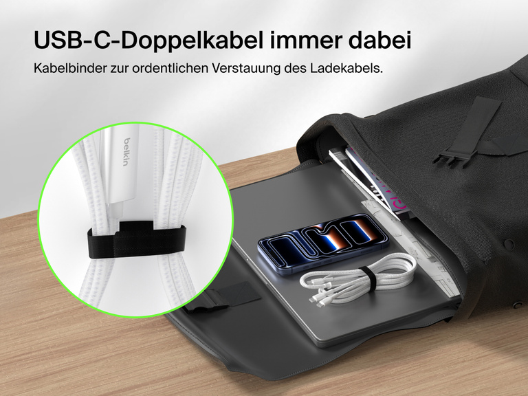 Das geflochtene Belkin BoostCharge Pro USB-C-Doppelkabel, das sich zum Laden von zwei Ger&auml;ten &uuml;ber ein Kabel eignet, wodurch Kabelgewirr vermieden wird, wird neben herk&ouml;mmlichen Ladem&ouml;glichkeiten gezeigt.