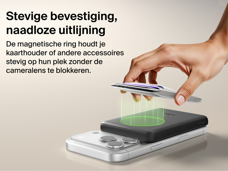 Belkin BoostCharge Slim Magnetic Power Bank 5K with Qi2 featuring a secure magnetic ring that aligns accessories and attaches firmly without obstructing the phone camera.