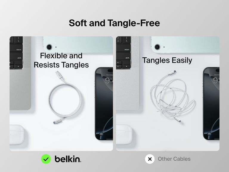 並排比較顯示 Belkin BoostCharge USB-C 至 USB-C 連接線 240W 靈活且抗纏結，與容易纏結的標準連接線相比。