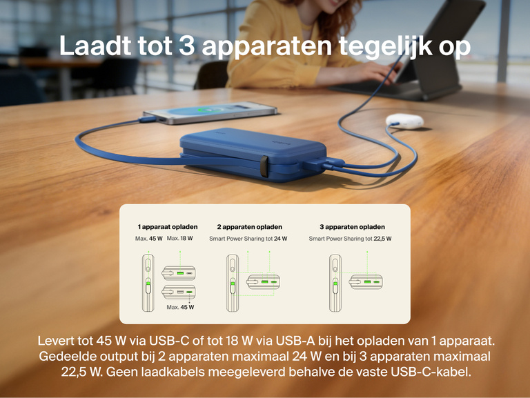 Belkin UltraCharge 10K power bank with integrated USB-C cable and digital display charging up to three devices simultaneously with smart power sharing