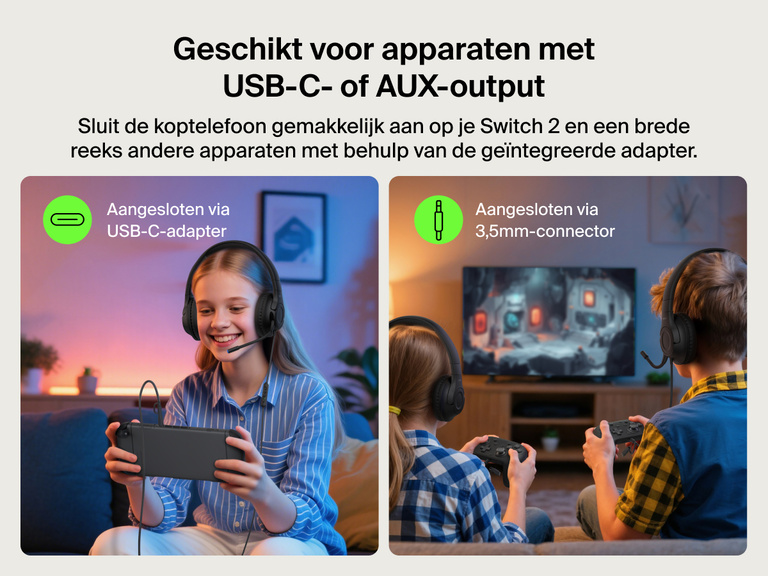 Kinderen gebruiken de Belkin Gaming Inspire bedrade headset voor de Nintendo Switch 2, met USB-C- en 3,5mm-audioaansluiting voor het spelen van allerlei games op verschillende apparaten.
