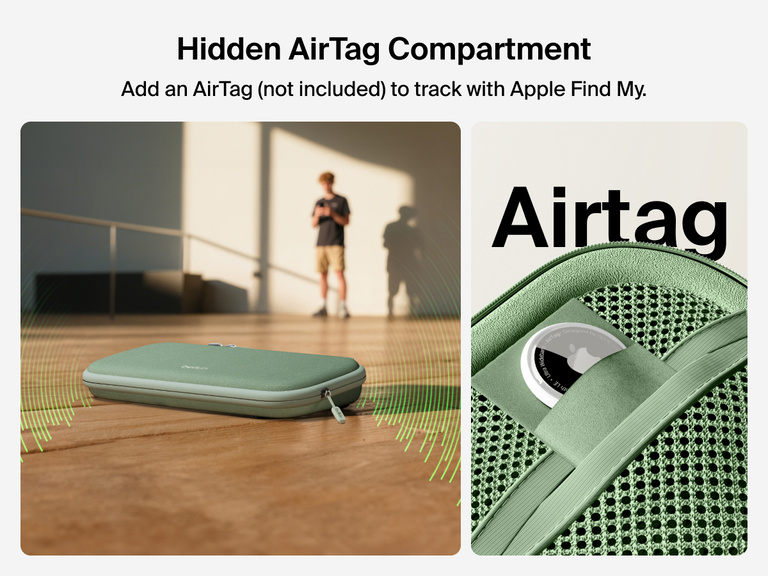 Belkin Gaming Travel Case for Nintendo Switch 2 shown with a hidden AirTag compartment, allowing tracking via Apple Find My (AirTag not included).