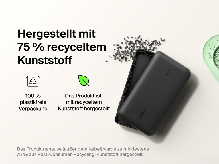 Belkin UltraCharge 20K 45W power bank with integrated cable made with recycled materials and plastic-free packaging for a more sustainable charging solution