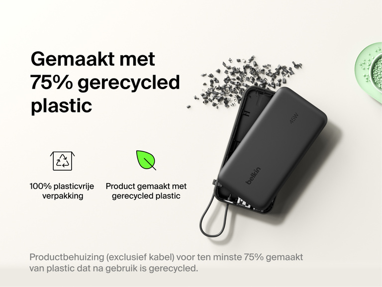 Belkin UltraCharge 10K power bank with integrated USB-C cable and digital display made with 75% recycled plastic and eco-friendly packaging