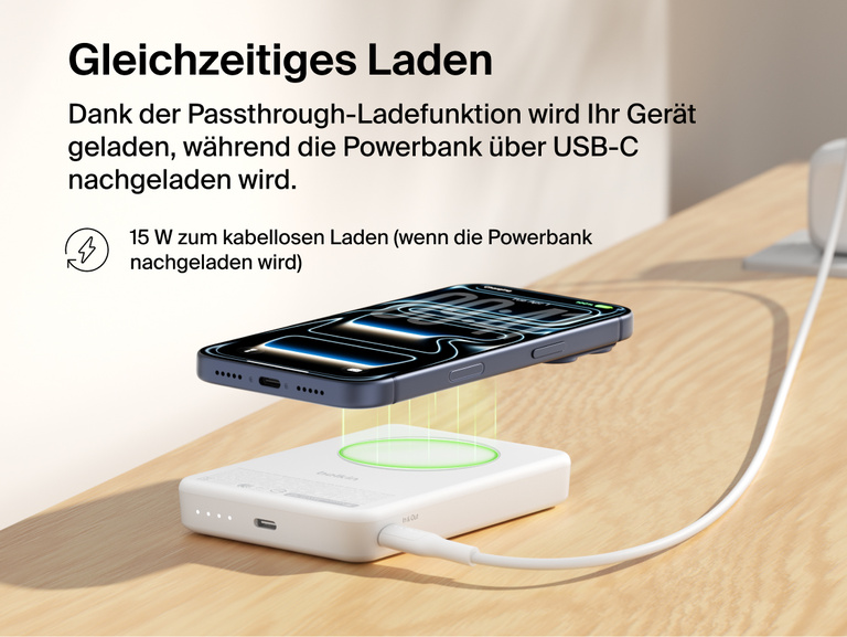 Slim Magnetic Power Bank 10K with Qi2 wirelessly charging smartphone while recharging via USB-C pass-through connection