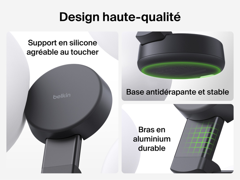 Image du socle de recharge 2-en-1 Belkin UltraCharge&nbsp;Pro aimant&eacute; et pliable avec Qi2 25&nbsp;W dot&eacute; d'un rev&ecirc;tement en silicone agr&eacute;able au toucher et d'une base antid&eacute;rapante pour une recharge sans fil s&eacute;curis&eacute;e et durable.