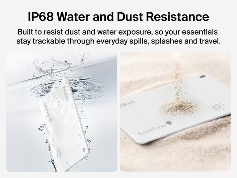 Belkin SureFind Card demonstrates IP68 water and dust resistance with the Bluetooth tracker shown exposed to water and dust.