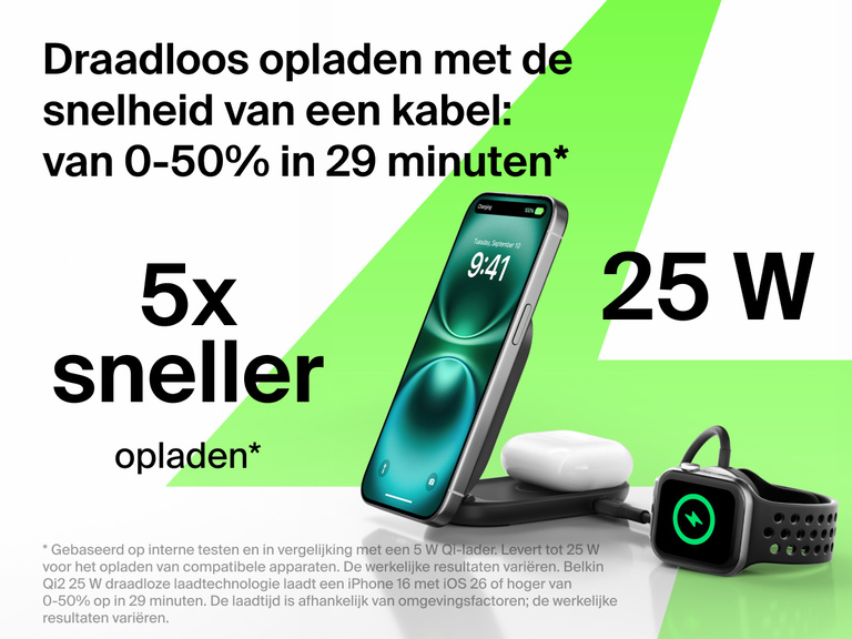 De Belkin UltraCharge 2-in-1 uitklapbare magnetische lader met Qi2 25W laadt een iPhone, AirPods en een Apple Watch tot 50% op in 29 minuten met vijf keer snellere draadloze prestaties.