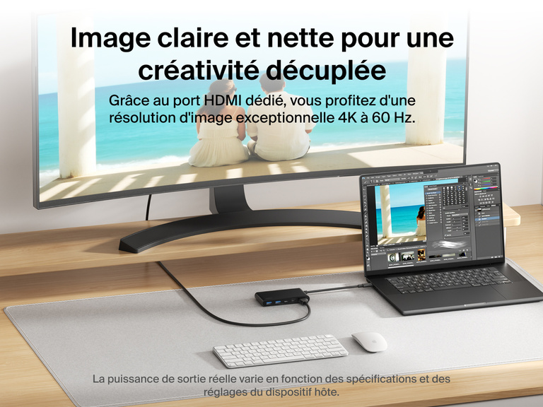 Belkin Connect 5-Port USB-C Hub with Dual USB-C Ports connects a laptop to a monitor, delivering stunning 4K@60Hz visuals via the dedicated HDMI port.