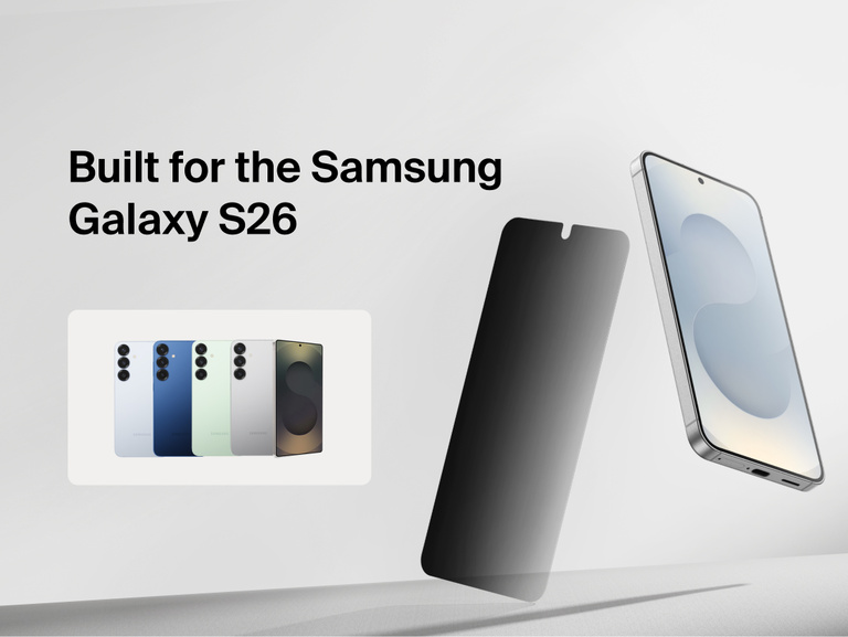 Belkin ScreenForce Titan SmartShield Privacy Filter Screen Protector for Samsung Galaxy S26 shown aligned with the device, illustrating a precise, edge-to-edge fit designed specifically for Galaxy S26 models.