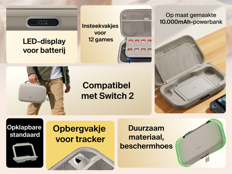 Feature overview of the Belkin Gaming Charging Case Pro for Nintendo Switch 2 highlighting built-in 10K power bank, LED battery indicator, flip-up stand, game card storage, smart tracker pocket, and durable protective design.