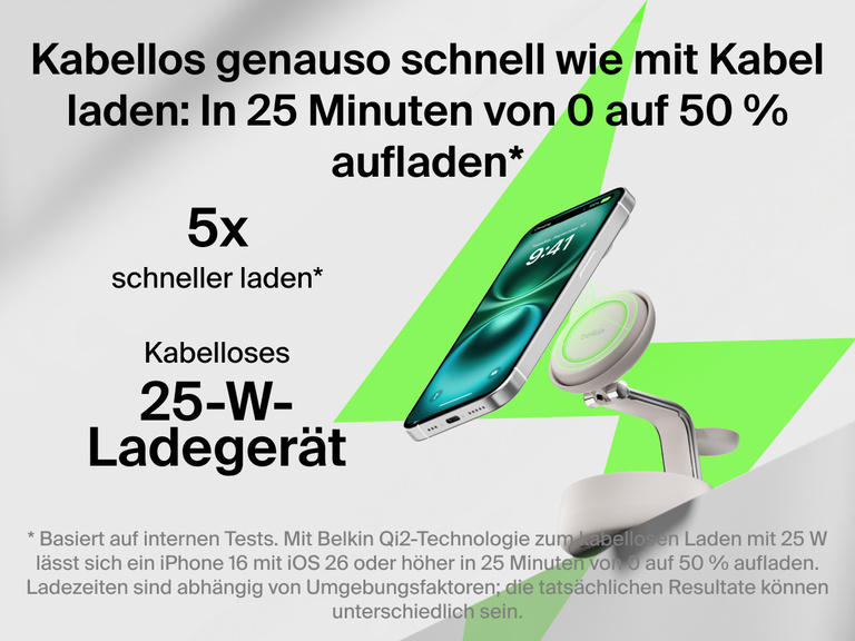 Die Belkin UltraCharge Pro magnetische 3-in-1-Ladestation mit Qi2 25W ermöglicht kabelloses Laden so schnell wie mit Kabel, sodass das iPhone in 25 Minuten auf bis zu 50 % aufgeladen werden kann.