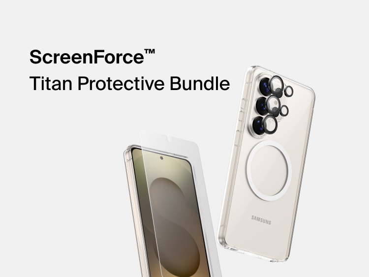 Belkin SheerForce Titan Protective Bundle for Samsung Galaxy S26 featuring tempered glass screen protector, camera lens protectors, and clear MagSafe-compatible case for full-device impact and scratch protection.